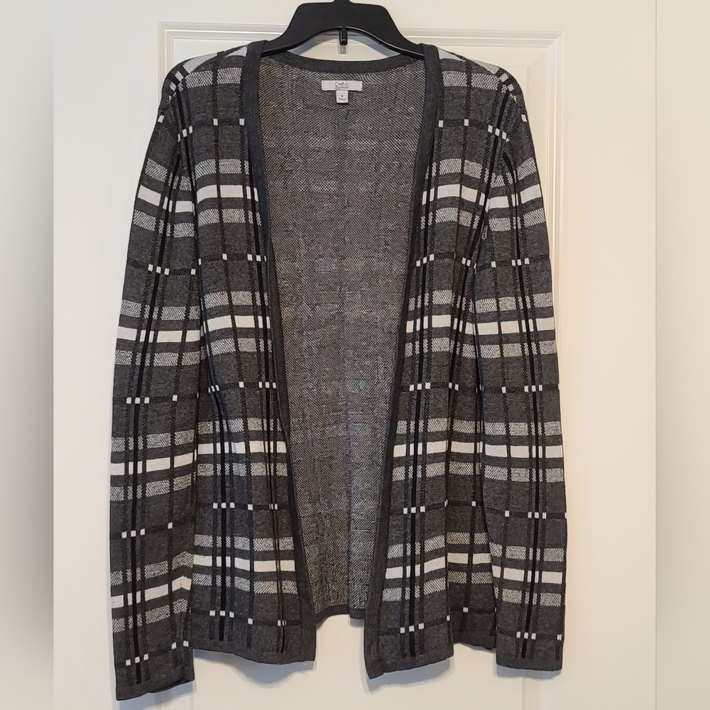Women's Sz M Croft & Barrow Black/Gray/White Plaid Open Front Cardigan, EC